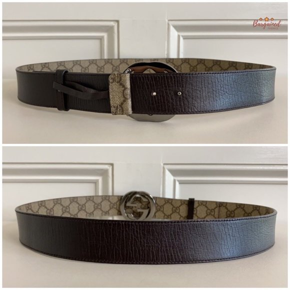 Auth Gucci Brown GG Supreme Canvas Leather Silver Interlocking G Buckle 95/38 - Picture 6 of 13